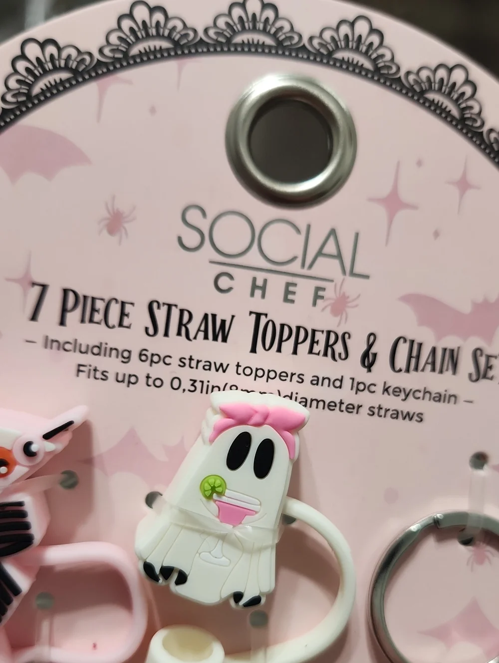 Halloween Ghost Straw Toppers & Keychain Set